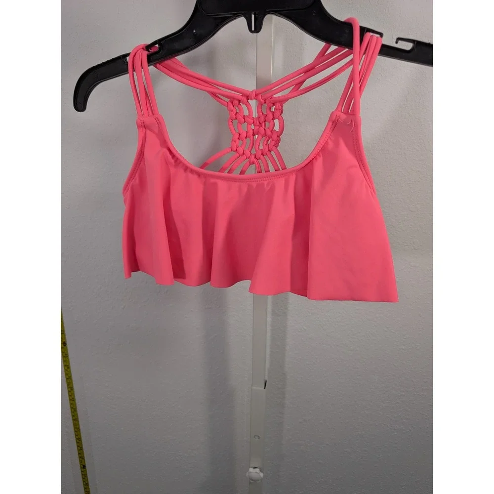 Delias Girls Neon Pink Flounce Ruffle Macrame Back Bikini Swim Top Size 16
